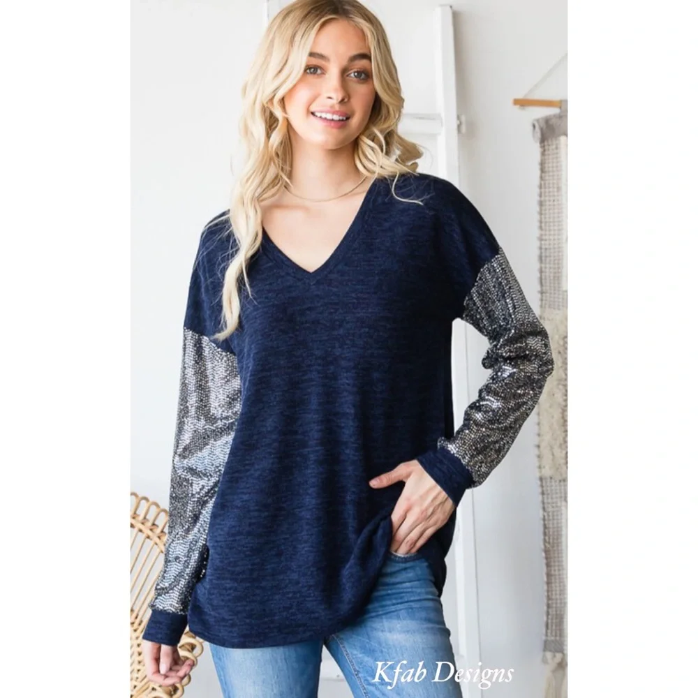❤️LAST! V Neck Midnight Blue Super Soft Sequin Sleeve Top! - Picture 3 of 16